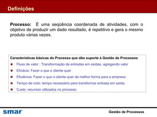 Gestão de Processos
Características básicas do Processo que dão suporte à Gestão de Processos
Fluxo de valor : Transformação de entradas em saídas, agregando valor
Eficácia: Fazer o que o cliente quer
Eficiência: Fazer o que o cliente quer da melhor forma para a empresa
Tempo de ciclo: tempo necessário para transformar entrada em saída.
Custo: recursos utilizados no processo
Processo: É uma seqüência coordenada de atividades, com o
objetivo de produzir um dado resultado, é repetitivo e gera o mesmo
produto várias vezes.
Definições
 
