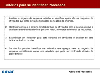 Gestão de Processos
Critérios para se identificar Processos
1. Analisar o negócio da empresa, missão, e identificar quais são os conjuntos de
atividades que estão diretamente ligadas ao negócio da empresa.
2. Identificar o início e o término (limite) do fluxo de atividades com o mesmo objetivo e
analisar se dentro deste limite é possível medir, monitorar e melhorar os resultados.
3. Estabelecer um indicador para este conjunto de atividades e analisar se este
indicador é eficaz ou não.
4. Se não for possível identificar um indicador que agregue valor ao negócio da
empresa, considera-se como uma atividade que pode ser controlada através de
procedimento
 
