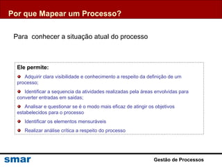 Por que Mapear um Processo?
Para conhecer a situação atual do processo
Ele permite:
Adquirir clara visibilidade e conhecimento a respeito da definição de um
processo;
Identificar a sequencia da atividades realizadas pela áreas envolvidas para
converter entradas em saidas;
Analisar e questionar se é o modo mais eficaz de atingir os objetivos
estabelecidos para o processo
Identificar os elementos mensuráveis
Realizar análise crítica a respeito do processo
Gestão de Processos
 