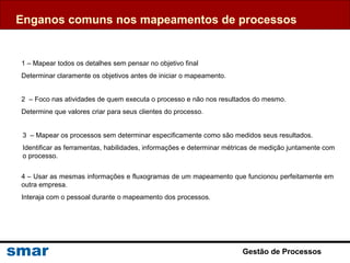 Gestão de Processos
Enganos comuns nos mapeamentos de processos
1 – Mapear todos os detalhes sem pensar no objetivo final
Determinar claramente os objetivos antes de iniciar o mapeamento.
2 – Foco nas atividades de quem executa o processo e não nos resultados do mesmo.
Determine que valores criar para seus clientes do processo.
3 – Mapear os processos sem determinar especificamente como são medidos seus resultados.
Identificar as ferramentas, habilidades, informações e determinar métricas de medição juntamente com
o processo.
4 – Usar as mesmas informações e fluxogramas de um mapeamento que funcionou perfeitamente em
outra empresa.
Interaja com o pessoal durante o mapeamento dos processos.
 