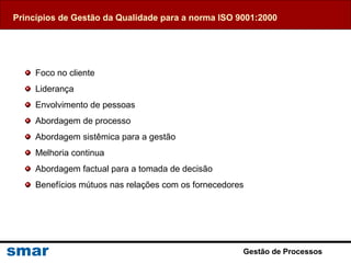 Gestão de Processos
Princípios de Gestão da Qualidade para a norma ISO 9001:2000
Foco no cliente
Liderança
Envolvimento de pessoas
Abordagem de processo
Abordagem sistêmica para a gestão
Melhoria continua
Abordagem factual para a tomada de decisão
Benefícios mútuos nas relações com os fornecedores
 