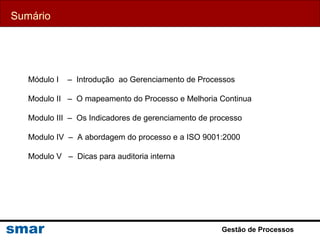 Sumário
Gestão de Processos
Módulo I – Introdução ao Gerenciamento de Processos
Modulo II – O mapeamento do Processo e Melhoria Continua
Modulo III – Os Indicadores de gerenciamento de processo
Modulo IV – A abordagem do processo e a ISO 9001:2000
Modulo V – Dicas para auditoria interna
 