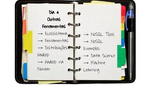 Dia 4
Outras
Ferramentas
→ Ecossistema
→ Ferramentas
→ Distribuições
Hadoop
→ Hadoop na
Nuvem
→ NoSQL Tipos
→ NoSQL
Exemplos
→ Data Science
→ Machine
Learning
 