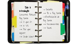 Dia 1:
Introdução
Conceitos Básicos
Big Data
→ O que é?
→ 4 V's
→ Por que
agora?
→ Onde Usar?
→ Desafio
→ BI x Big Data
→Profissional de
Big Data
→ Ferramentas
→ Dicas
 
