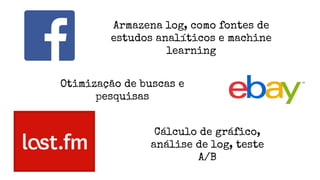 Armazena log, como fontes de
estudos analíticos e machine
learning
Otimização de buscas e
pesquisas
Cálculo de gráfico,
análise de log, teste
A/B
 