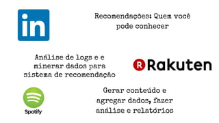 Recomendações: Quem você
pode conhecer
Análise de logs e e
minerar dados para
sistema de recomendação
Gerar conteúdo e
agregar dados, fazer
análise e relatórios
 