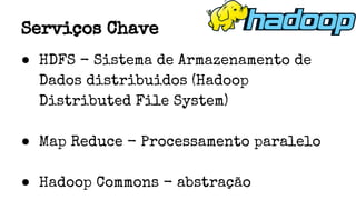 ● HDFS - Sistema de Armazenamento de
Dados distribuidos (Hadoop
Distributed File System)
● Map Reduce - Processamento paralelo
● Hadoop Commons - abstração
Serviços Chave
 