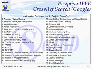 Pesquisa IEEE CrossRef Search (Google) 18. Investigative Ophthamology and Visual Science 19. Journal of Clinical Oncology 20. S. Karger AG  21. Lawrence Erlbaum Associates 22. Mary Ann Liebert  23. Medicine Publishing Group 24. Nature Publishing Group 25. Oldenbourg Wissenschaftsverlag 26. Oxford University Press 27. PNAS 28. Royal College of Psychiatrists 29. Springer-Verlag 30. Taylor & Francis 31. University of California Press 32. University of Chicago Press 33. Vathek Publishing 34. Walter de Gruyter 35. John Wiley & Sons 1. American Physical Society 2. American Society of Civil Engineers  3.  Annual Reviews 4. Ashley Publications 5. Association for Computing Machinery 6. BioMed Central 7. Blackwell Publishing 8. BMJ Publishing Group 9. Cambridge University Press 10. Cold Spring Harbor Laboratory Press 11. FASEB 12. IEEE 13. INFORMS 14. Institute of Organic Chemistry  and Biochemistry 15. Academy of  Sciences of the Czech Republic 16. Institute of Physics Publishing 17. International Union of  Crystallography Instituições Participantes do Projeto CrossRef 