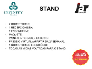 2 CORRETORES; 1 RECEPCIONISTA; 1 ENGENHEIRA; MAQUETE; PAINÉIS INTERNOS E EXTERNO; PASSEIO VIRTUAL (APARTIR DA 2ª SEMANA). 1 CORRETOR NO ESCRITÓRIO; TODAS AS MÍDIAS VOLTADAS PARA O STAND. STAND 