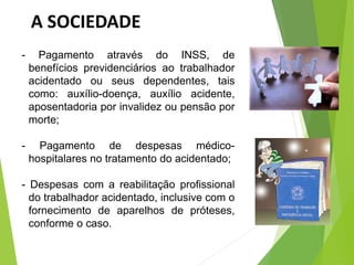 - Pagamento através do INSS, de
benefícios previdenciários ao trabalhador
acidentado ou seus dependentes, tais
como: auxílio-doença, auxílio acidente,
aposentadoria por invalidez ou pensão por
morte;
- Pagamento de despesas médico-
hospitalares no tratamento do acidentado;
- Despesas com a reabilitação profissional
do trabalhador acidentado, inclusive com o
fornecimento de aparelhos de próteses,
conforme o caso.
A SOCIEDADE
 