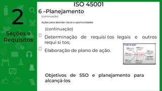 Seções e
Requisitos
2
ISO 45001
6 –Planejamento
requi si tos;
Elaboração de plano de ação.
Objetivos de SSO e planejamento para
alcançá-los
(continuação)
Ações para abordar riscos e oportunidades
(continuação)
 Determinação de requisi tos legais e outros

 