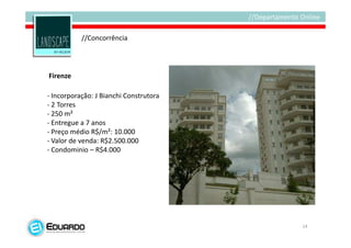 //Concorrência




Firenze

- Incorporação: J Bianchi Construtora
- 2 Torres
- 250 m²
- Entregue a 7 anos
- Preço médio R$/m²: 10.000
- Valor de venda: R$2.500.000
- Condominio – R$4.000




                                        14
 