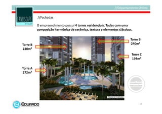 //Fachadas

          O empreendimento possui 4 torres residenciais. Todas com uma
          composição harmônica de cerâmica, textura e elementos clássicos.

                                                                        Torre B
Torre B                                                                 240m²
240m²
                                                                         Torre C
                                                                         194m²

Torre A
272m²




                                                                              17
 