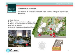 //Implantação - Chegada
               São mais de 30 itens estruturais em áreas comuns entregues equipadas e
               decoradas.


1 – Porte Cochère
2 – Acesso Social com Pulmão de Segurança
3 – Acesso de Serviço com Pulmão de Segurança
4 – Acesso de Veículos
5 – Praça de Chegada com Espelhos D’Água
                                                           5

                                                                3
                                                4           2
                                                                 1




                            5


                                                                                    24
 