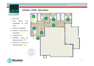 //Plantas – 272m² - Área Intima


                                      4
1. Até 4 suítes                                   1
                                                       1   1
2. Suíte        Master        com
   possibilidade     de      closet
   Sr/Sra                                              5
3. Terraço na Suíte Master            1
4. Banheira e cuba dupla na
   Suíte Master                               2
5. Passagem Íntima
a. Ventilação      natural     em
                                          3
   todos os banheiros
b. Persianas de enrolar em
   todos dormitórios




                                                               41
 