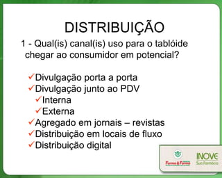 DISTRIBUIÇÃO
1 - Qual(is) canal(is) uso para o tablóide
chegar ao consumidor em potencial?
Divulgação porta a porta
Divulgação junto ao PDV
Interna
Externa
Agregado em jornais – revistas
Distribuição em locais de fluxo
Distribuição digital
 