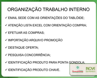 ORGANIZAÇÃO TRABALHO INTERNO
 EMAIL SEDE COM AS ORIENTAÇÕES DO TABLÓIDE;

 ATENÇÃO LISTA EXCEL COM ORIENTAÇÃO COMPRA;

 EFETUAR AS COMPRAS;

 IMPORTAÇÃO ARQUIVO PROMOÇÃO

 DESTAQUE OFERTA;

 PESQUISA CONCORRÊNCIA;

 IDENTIFICAÇÃO PRODUTO PARA PONTA GONDOLA;

 IDENTIFICAÇÃO PRODUTO CHAVE.
 