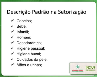 Descrição Padrão na Setorização
    Cabelos;
    Bebê;
    Infantil;
    Homem;
    Desodorantes;
    Higiene pessoal;
    Higiene bucal;
    Cuidados da pele;
    Mãos e unhas;
 