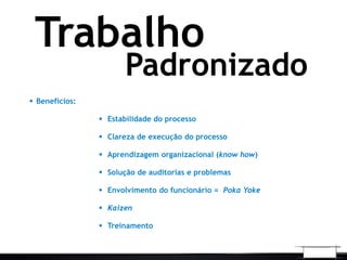 Padronizado
Trabalho
 Benefícios:
 Estabilidade do processo
 Clareza de execução do processo
 Aprendizagem organizacional (know how)
 Solução de auditorias e problemas
 Envolvimento do funcionário = Poka Yoke
 Kaizen
 Treinamento
 