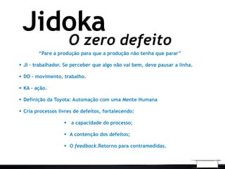 O zero defeito
Jidoka
“Pare a produção para que a produção não tenha que parar”
 JI – trabalhador. Se perceber que algo não vai bem, deve pausar a linha.
 DO – movimento, trabalho.
 KA – ação.
 Definição da Toyota: Automação com uma Mente Humana
 Cria processos livres de defeitos, fortalecendo:
 a capacidade do processo;
 A contenção dos defeitos;
 O feedback.Retorno para contramedidas.
 