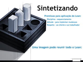 Premissas para aplicação do Lean:
• Disciplina – sequenciamento
• Atitude – para implentar mudanças
• Respeito – ao cliente e ao trabalhador
Sintetizando
Uma imagem pode reunir todo o Lean:
 