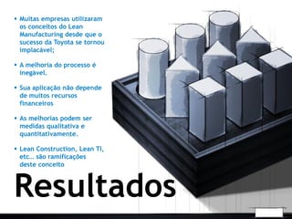 Resultados
 Muitas empresas utilizaram
os conceitos do Lean
Manufacturing desde que o
sucesso da Toyota se tornou
implacável;
 A melhoria do processo é
inegável.
 Sua aplicação não depende
de muitos recursos
financeiros
 As melhorias podem ser
medidas qualitativa e
quantitativamente.
 Lean Construction, Lean TI,
etc… são ramificações
deste conceito
 
