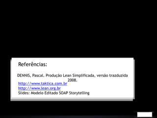 DENNIS, Pascal. Produção Lean Simplificada, versão trazduzida
2008.
Referências:
http://www.taktica.com.br
http://www.lean.org.br
Slides: Modelo Editado SOAP Storytelling
 