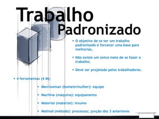 Padronizado
Trabalho
 O objetivo de se ter um trabalho
padronizado é forcecer uma base para
melhorias,
 Não existe um único meio de se fazer o
trabalho;
 Deve ser projetado pelos trabalhadores.
 4 ferramentas (4 M):
 Men/woman (homem/mulher): equipe
 Machine (máquina): equipamento
 Material (material): insumo
 Method (método): processos; junção dos 3 anteriores
 