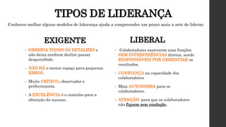 TIPOS DE LIDERANÇA
EXIGENTE
• OBSERVA TODOS OS DETALHES e
não deixa nenhum deslize passar
despercebido.
• NÃO HÁ o menor espaço para pequenos
ERROS.
• Muito CRÍTICO, observador e
perfeccionista.
• A EXCELÊNCIA é o caminho para a
obtenção do sucesso.
Conhecer melhor alguns modelos de liderança ajuda a compreender um pouco mais a arte de liderar.
• Colaboradores exercerem suas funções
SEM INTERFERÊNCIAS diretas, sendo
RESPONSÁVEIS POR GERENCIAR os
resultados.
• CONFIANÇA na capacidade dos
colaboradores
• Mais AUTONOMIA para os
colaboradores.
• ATENÇÃO: para que os colaboradores
não fiquem sem condução.
LIBERAL
 
