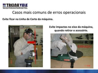 Casos mais comuns de erros operacionais
Evite ficar na Linha de Corte da máquina.
Evite impactos no eixo da máquina,
quando retirar o acessório.
 