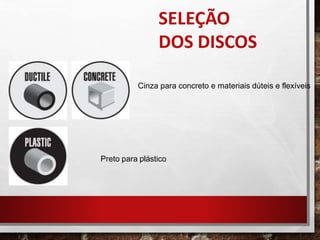 Cinza para concreto e materiais dúteis e flexíveis
Preto para plástico
SELEÇÃO
DOS DISCOS
 
