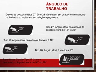 Discos de desbaste tipos 27, 28 e 29 não devem ser usados em um ângulo
muito baixo ou muito alto em relação à peça-obra.
Tipo 27: Ângulo ideal para discos de
desbaste varia de 15° to 30°
Tipo 29 Ângulo ideal para discos flexíveis é 10°
Tipo 28: Ângulo ideal é inferior a 10°
Para discos Combo Tipo 27 (corte e
desbaste), o ângulo ideal é de 90° ou 20°
ÂNGULO DE
TRABALHO
 