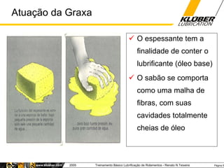 Atuação da Graxa <ul><li>O espessante tem a finalidade de conter o lubrificante (óleo base) </li></ul><ul><li>O sabão se c...