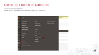 ATRIBUTOS E GRUPO DE ATRIBUTOS
Criando um Conjuntos de Atributo:
Acessar LOJAS, e na guia ATRIBUTOS selecionar CONJUNTO DE ATRIBUTOS.
 