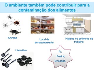 O ambiente também pode contribuir para a
contaminação dos alimentos
Utensílios
Higiene no ambiente de
trabalho
Animais
Local de
armazenamento
Ar;
Poeira;
Umidade.
 