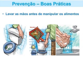 • Lavar as mãos antes de manipular os alimentos
Prevenção – Boas Práticas
 