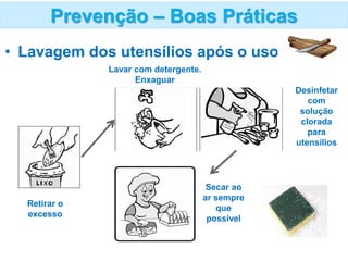 • Lavagem dos utensílios após o uso
Prevenção – Boas Práticas
Lavar com detergente.
Enxaguar
Retirar o
excesso
Secar ao
ar sempre
que
possível
Desinfetar
com
solução
clorada
para
utensílios
 