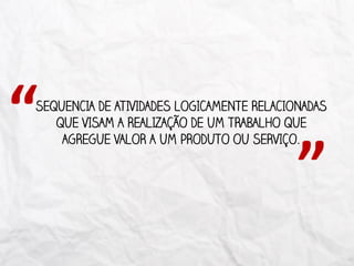 SEQUENCIA DE ATIVIDADES LOGICAMENTE RELACIONADAS
QUE VISAM A REALIZAÇÃO DE UM TRABALHO QUE
AGREGUE VALOR A UM PRODUTO OU SERVIÇO.
“
”
 