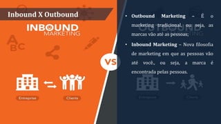 Inbound X Outbound • Outbound Marketing – É o
marketing tradicional, ou seja, as
marcas vão até as pessoas;
• Inbound Marketing – Nova filosofia
de marketing em que as pessoas vão
até você., ou seja, a marca é
encontrada pelas pessoas.
 