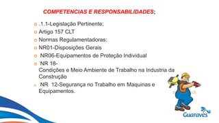 Botão1
COMPETENCIAS E RESPONSABILIDADES;
 .1.1-Legislação Pertinente;
 Artigo 157 CLT
 Normas Regulamentadoras:
 NR01-Disposições Gerais
 NR06-Equipamentos de Proteção Individual
 NR 18-
Condições e Meio Ambiente de Trabalho na Industria da
Construção
 NR 12-Segurança no Trabalho em Maquinas e
Equipamentos.
 