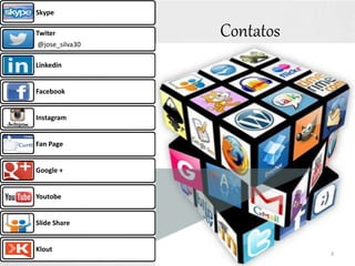 Skype
Twiter
@jose_silva30
Linkedin
Facebook
Instagram
Fan Page
Google +
Youtobe
Slide Share
Klout
Contatos
3
 