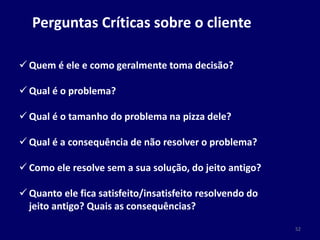 Perguntas Críticas sobre o cliente
 Quem é ele e como geralmente toma decisão?
 Qual é o problema?
 Qual é o tamanho do problema na pizza dele?
 Qual é a consequência de não resolver o problema?
 Como ele resolve sem a sua solução, do jeito antigo?
 Quanto ele fica satisfeito/insatisfeito resolvendo do
jeito antigo? Quais as consequências?
52
 