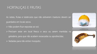 HORTALIÇAS E FRUTAS
As raízes, frutas e tubérculos que não estiverem maduros devem ser
guardados em locais secos.
 Não podem ficar expostas ao sol;
 Precisam estar em local fresco e seco ou serem mantidas na
geladeira, para que não acabem ressecadas ou apodrecidas;
 Vedadas para não entrar mosquito;
 
