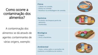 Como ocorre a
contaminação dos
alimentos?
A contaminação dos
alimentos se dá através de
agentes contaminantes de
várias origens, exemplo:
 
