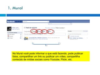 1. Mural No Mural você pode informar o que está fazendo, pode publicar fotos, compartilhar um link ou publicar um vídeo, compartilha conteúdo de mídias sociais como Youtube, Flickr, etc. 