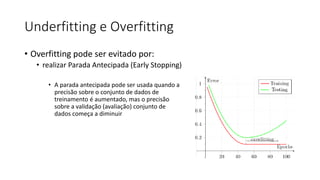 Underfitting e Overfitting
• Overfitting pode ser evitado por:
• realizar Parada Antecipada (Early Stopping)
• A parada antecipada pode ser usada quando a
precisão sobre o conjunto de dados de
treinamento é aumentado, mas o precisão
sobre a validação (avaliação) conjunto de
dados começa a diminuir
 