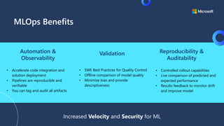 MLOps Benefits
• Accelerate code integration and
solution deployment
• Pipelines are reproducible and
verifiable
• You can tag and audit all artifacts
Increased Velocity and Security for ML
• SWE Best Practices for Quality Control
• Offline comparison of model quality
• Minimize bias and provide
descriptiveness
• Controlled rollout capabilities
• Live comparison of predicted and
expected performance
• Results feedback to monitor drift
and improve model
Automation &
Observability
Validation Reproducibility &
Auditability
 