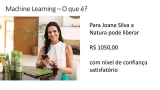 © Microsoft Corporation
Machine Learning – O que é?
Para Joana Silva a
Natura pode liberar
R$ 1050,00
com nível de confiança
satisfatório
 