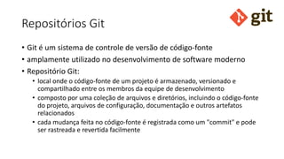 Repositórios Git
• Git é um sistema de controle de versão de código-fonte
• amplamente utilizado no desenvolvimento de software moderno
• Repositório Git:
• local onde o código-fonte de um projeto é armazenado, versionado e
compartilhado entre os membros da equipe de desenvolvimento
• composto por uma coleção de arquivos e diretórios, incluindo o código-fonte
do projeto, arquivos de configuração, documentação e outros artefatos
relacionados
• cada mudança feita no código-fonte é registrada como um "commit" e pode
ser rastreada e revertida facilmente
 