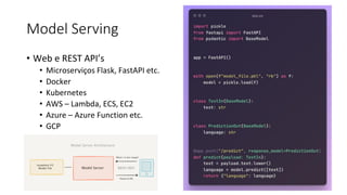 Model Serving
• Web e REST API’s
• Microserviços Flask, FastAPI etc.
• Docker
• Kubernetes
• AWS – Lambda, ECS, EC2
• Azure – Azure Function etc.
• GCP
 